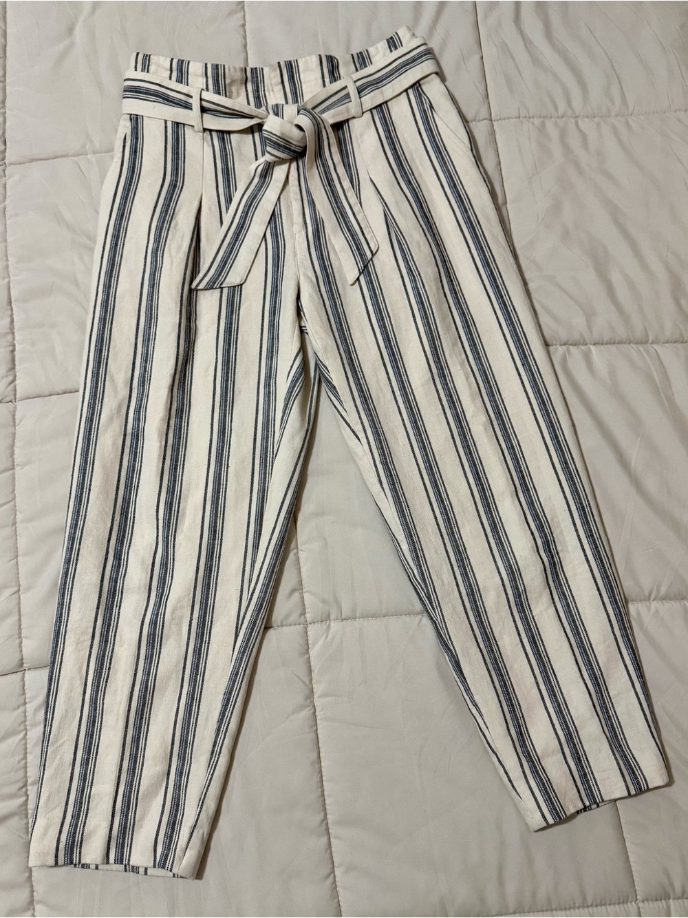 Lauren Ralph Lauren Cream and Navy Striped Tie-Waist Chinos